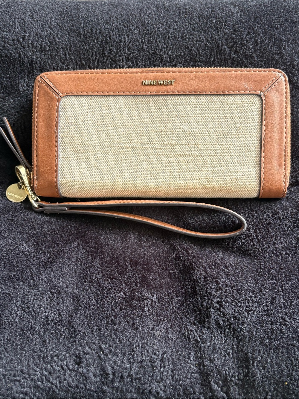 Nine West Tan and Beige Canvas Trim Wristlet Wallet